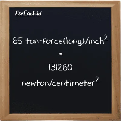 85 ton-force(long)/inch<sup>2</sup> is equivalent to 131280 newton/centimeter<sup>2</sup> (85 LT f/in<sup>2</sup> is equivalent to 131280 N/cm<sup>2</sup>)